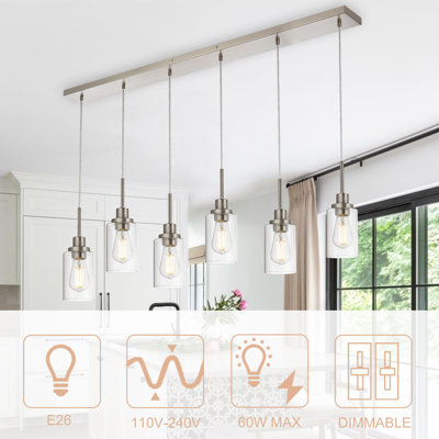 Brushed Nickel Pendant Light Fixtures With Clear Glass, 6-Lights Adjustable Height Hanging Ceiling Lights, Kitchen Island Lighting For Living Room Office Bar Farmhouse