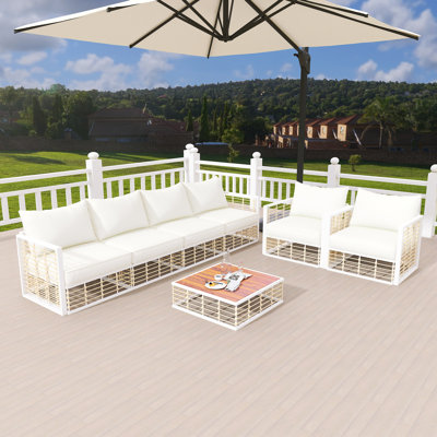 7-Piece Metal Patio Sectional Sofa Set With Coffee Table And Thick White Cushions by Bay Isle Home