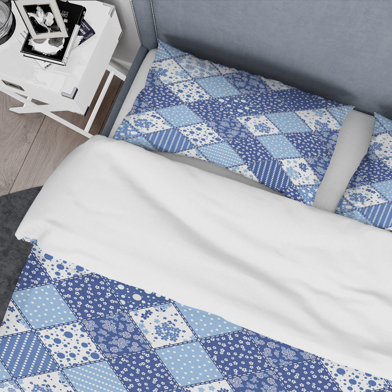 Blue Flower Patchwork - Ensemble de housse de couette à motif, Housse de couette pour très grand lit et 2 très