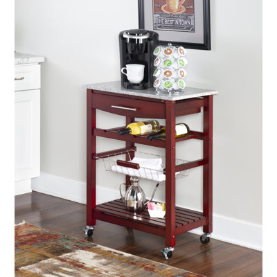 Macy Rolling Granite Kitchen Cart with Utility Drawer & Basket