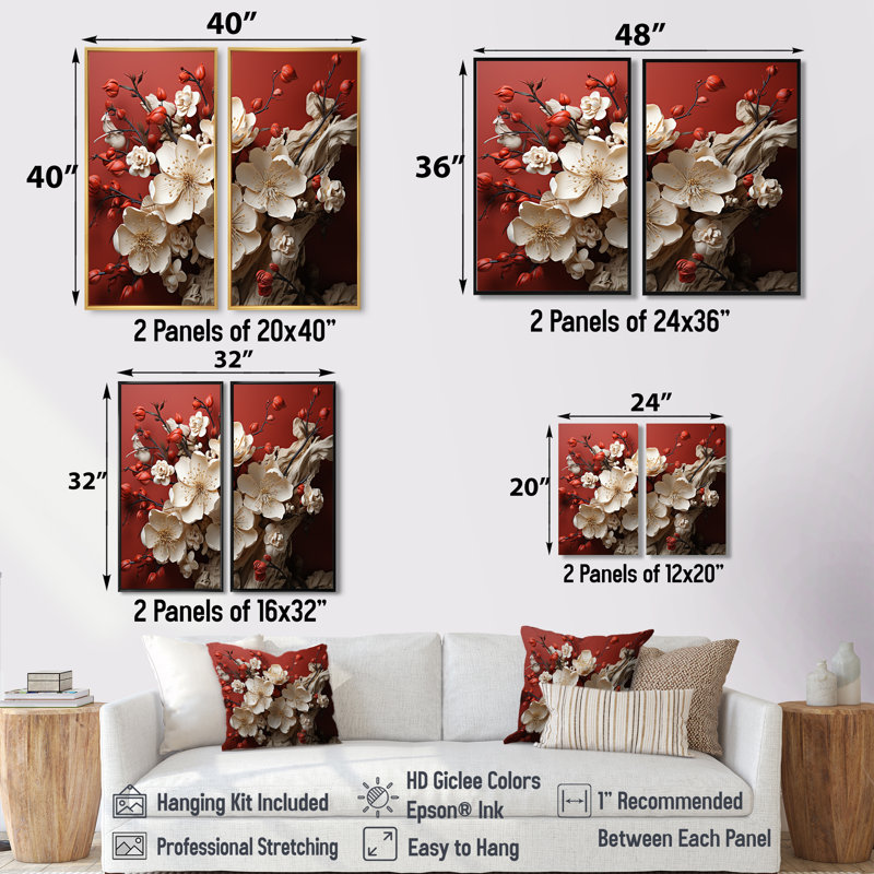 Orchidée blanche et rouge, branches de fleur V - art floral abstrait floral, 36" H x 48" W, Impression encadrée flottante