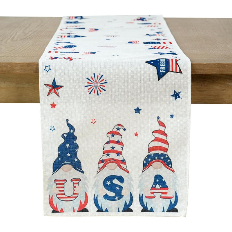 Patriotic Red White and Blue Polyester Table Runner with Gnomes, 47" x 13"