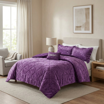 Ensemble d'édredon en velours mauve pour lit très grand et très grand californien, conception matelassée à motif de losanges, comprend des taies décoratives et un coussin décoratif oblong