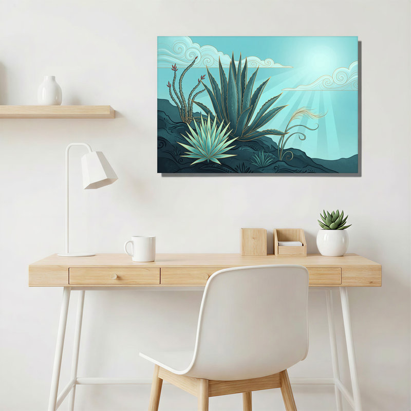 Agave bleue et plantes grasses avec contours dorés et art mural sur toile, 20"H x 30"W