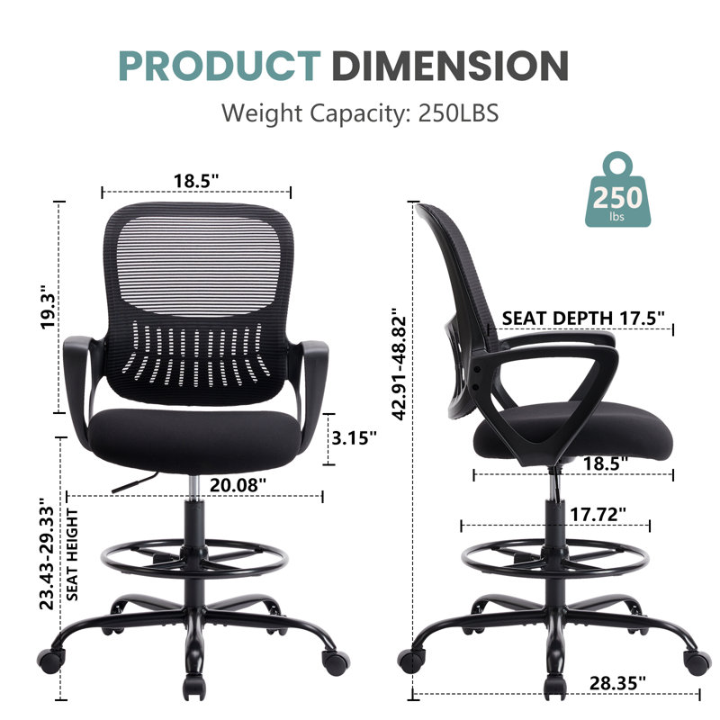 Ergonomic Drafting Chair Tall Office Chair With Adjustable Footrest Ring, Black, Black
