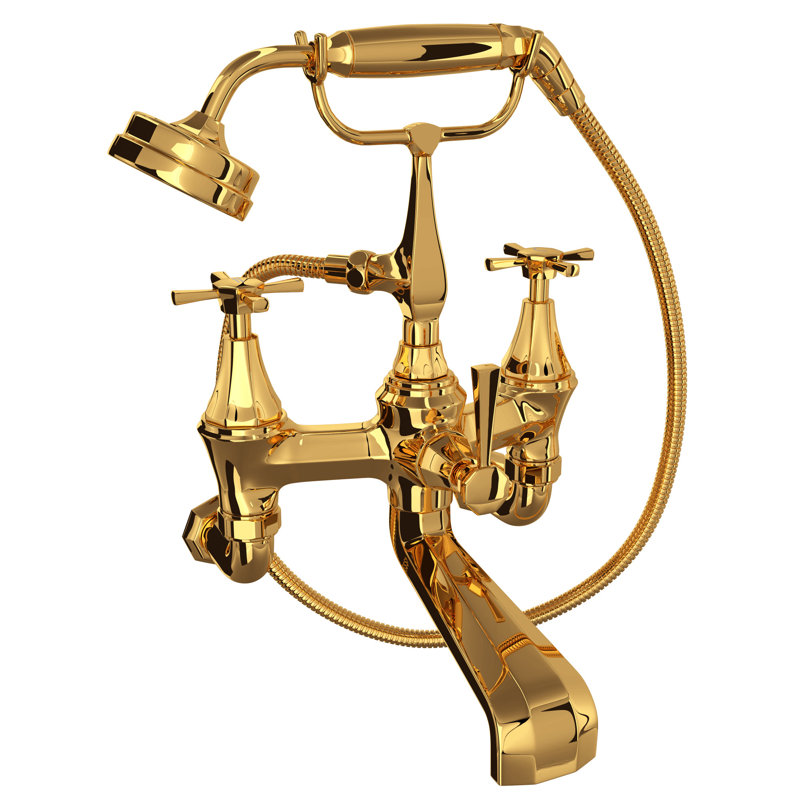 Deco Exposed Wall Mount Tub Filler, English Gold, Cross Handle