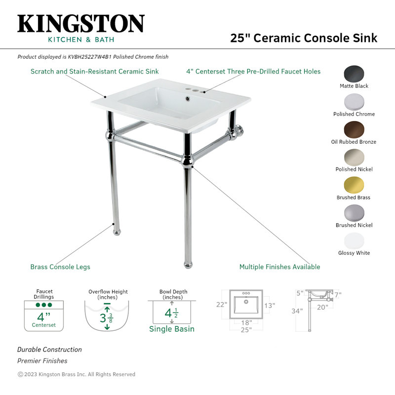 Kingston Brass Templeton 25-Inch Ceramic Console Sink with Brass Legs, White/Matte Black, 8" Centers