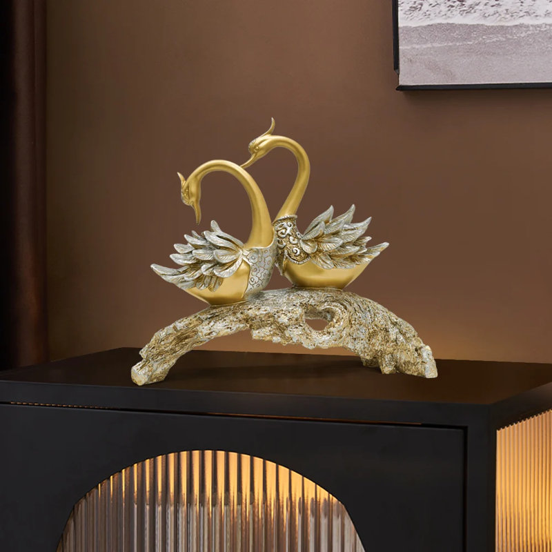 36.1Cm Gold Modern Simulation Couple Swan Sculpture Art Ornament Home Table Statue Decor