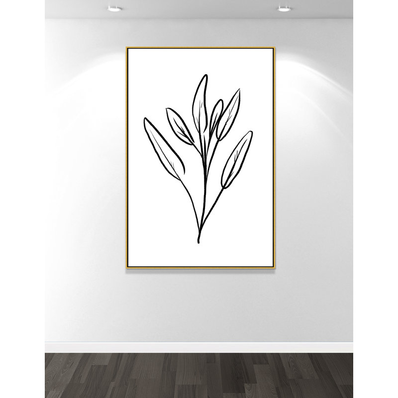 Fleurs simples 2 - reproduction de dessin, Toile encadrée d'or, H 61,5 po x l 41,5 po x P 2 po
