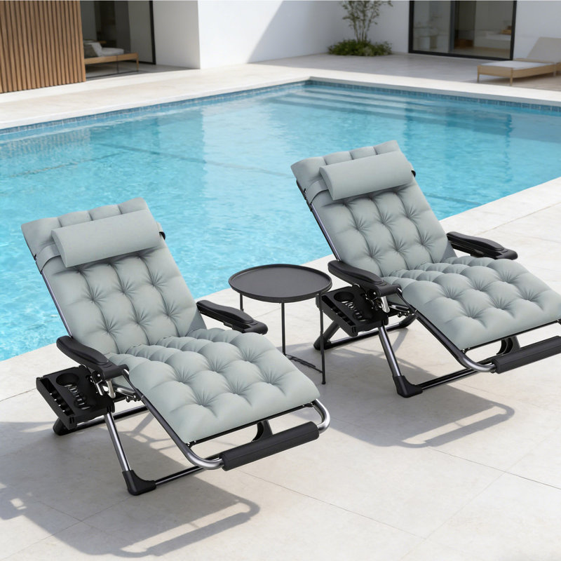 Oversized Zero Gravity Chair 2Pcs Set, 500 Lbs Heavy Duty Reclining Lawn Chair With Aluminum Alloy Lock, Removable Cushion, Large Pillow & Cup Holder, Foldable Patio Lounge Chair