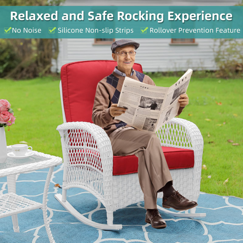 White Wicker Outdoor Rocking Chairs with Red Cushions