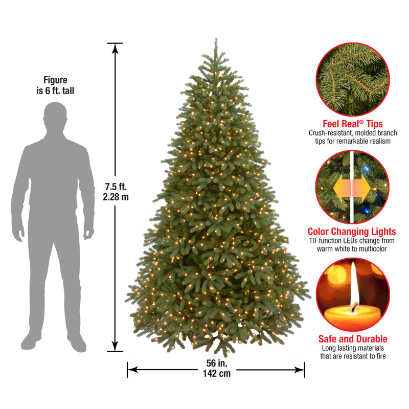 Jersey Fraser 7.5' Green Fir Artificial Christmas Tree with 1000 Warm White LED Lights Includes Stand, 7.5'
