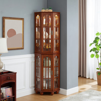 Vitrine d'angle avec 4 tablettes réglables en verre trempé et système d'éclairage, pieds en bois massif, panneau arrière en miroir en acrylique (ampoule E26 non incluse)