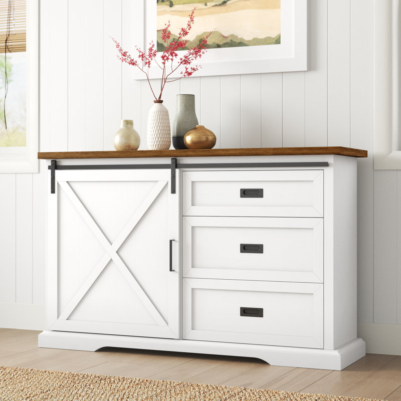 Buffet à porte coulissante de 56 po avec 3 tiroirs Analaura, Chêne rustique / blanc brossé