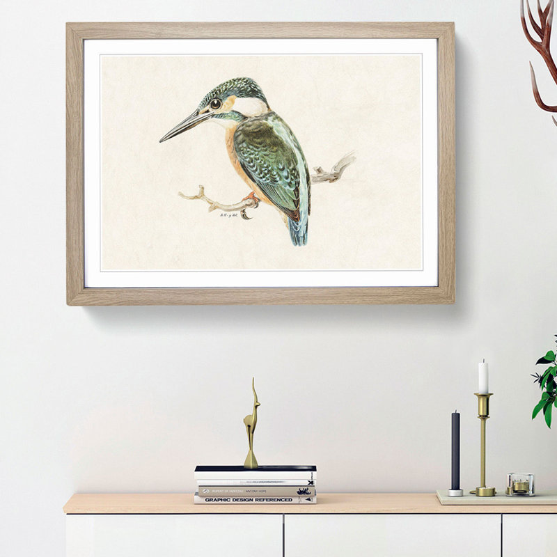 Kingfisher by Von Wright - Picture Frame Graphic Art Print, 48cm H x 65cm W x 2cm D, Oak Framed
