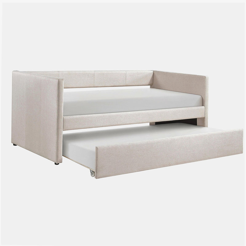 1pc Daybed with Trundle Beige Fabric Upholstery Wooden Frame Modern Home Furniture, Beige