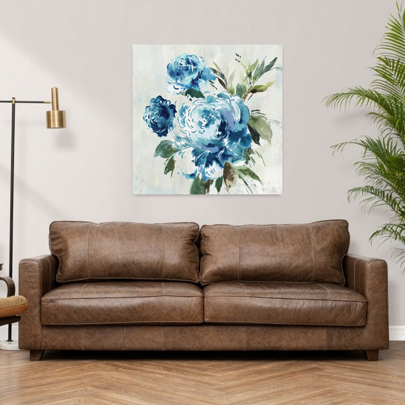Art abstrait pivoine bleue II, H 36 po x l 36 po