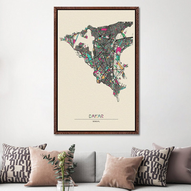 Dakar, Senegal Map by Ayse Deniz Akerman - Floater Frame Print on Canvas