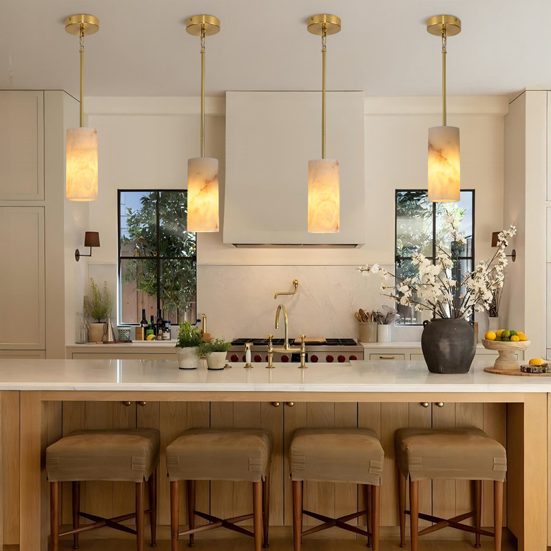 1 - Light Kitchen Island Cylinder Pendant Lights With Alabaster Shade, Brass