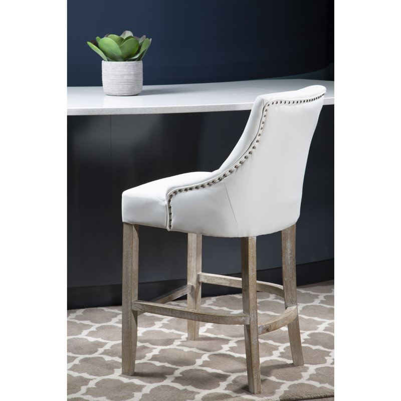 Esma Upholstered Counter Stool with Solid Wood Frame, Oak, Ivory