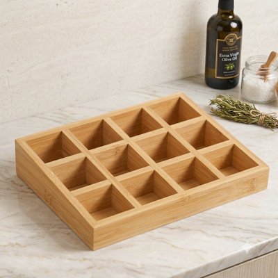 Étagère à épices en bambou avec compartiment à 12 grilles, tablette de rangement pour les comptoirs d'armoires de cuisine