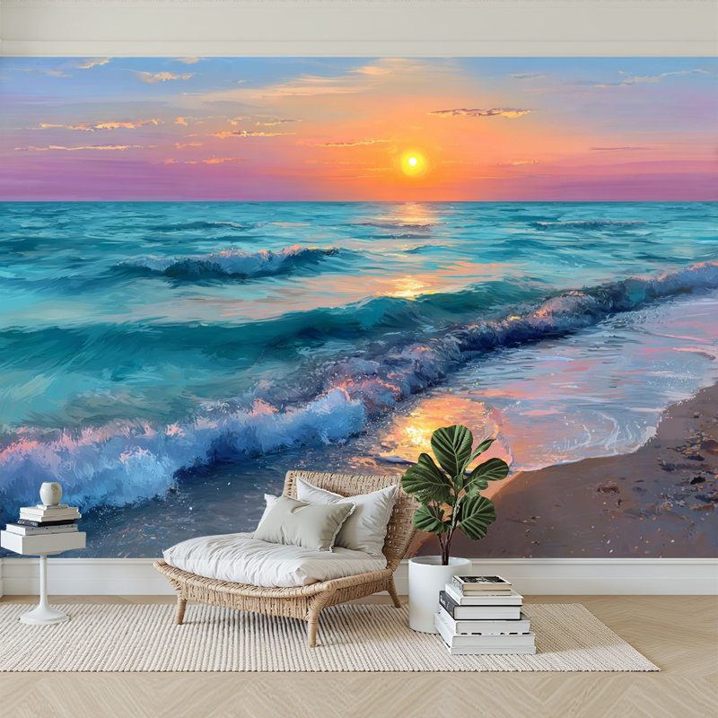Papier peint adhésif auto-adhésif moderne pour la chambre à coucher - Avec la mer, paysage, coucher de soleil, vagues de l'océan, plage de sable, impression de nuage