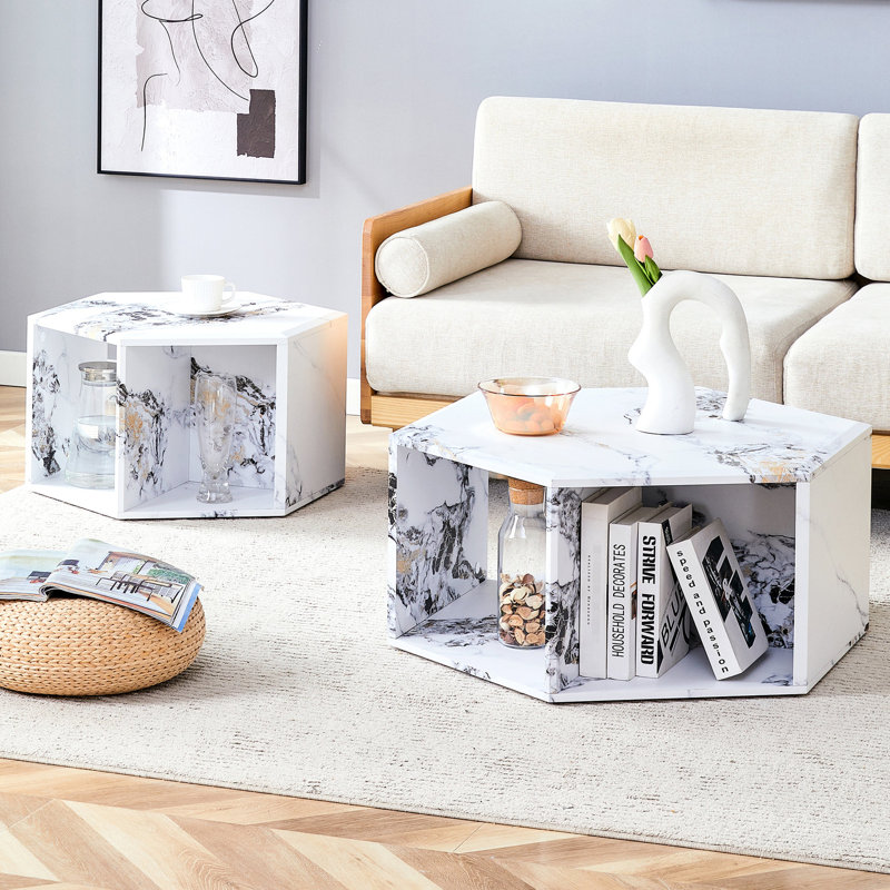 Table basse hexagonale avec thème blanc, matériau, rangement polyvalent, procédure d'installation facile et élégante, option de rangement disponible