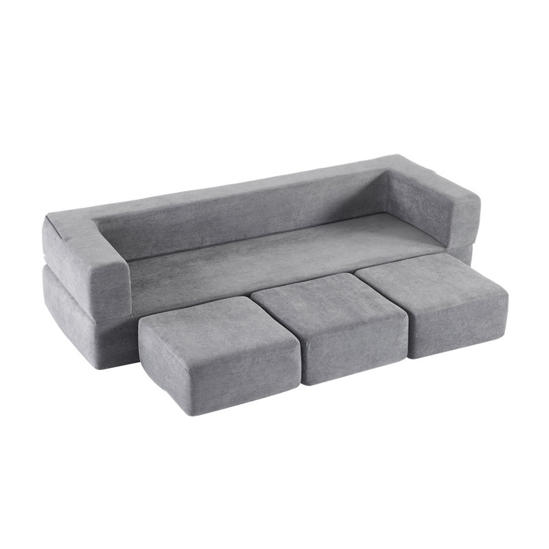 Convertible Sectional Sofa With 3 Storage Ottomans - High-Resilience Foam Sleeper, Space-Saving Chenille Floor Sofa For Studio Apartments & Home Offices. Grey