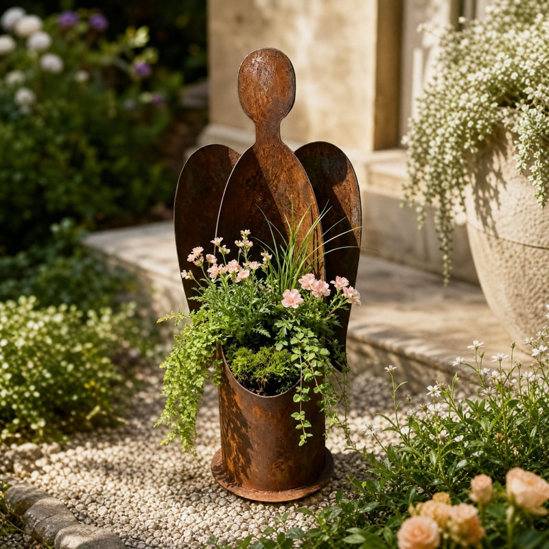 Bougeoir en céramique, pot de fleurs décoratif en forme de statuette ailée, sculpture pour terrasse, jardin ou table.
