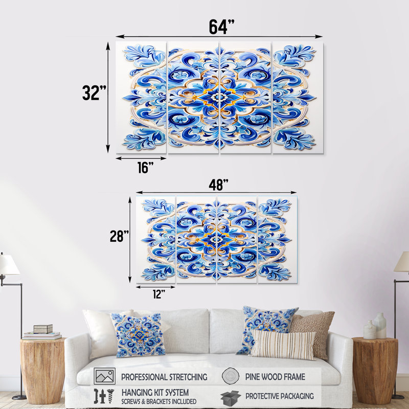 Carreaux de mosaïque floraux bleu azur - art mural abstrait 4 pièces, H 32 po x l 64 po