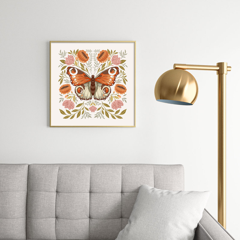 «Morris Inspired Butterfly», peinture sur verre encadrée, H 20 po x l 20 po x P 1 po, Or
