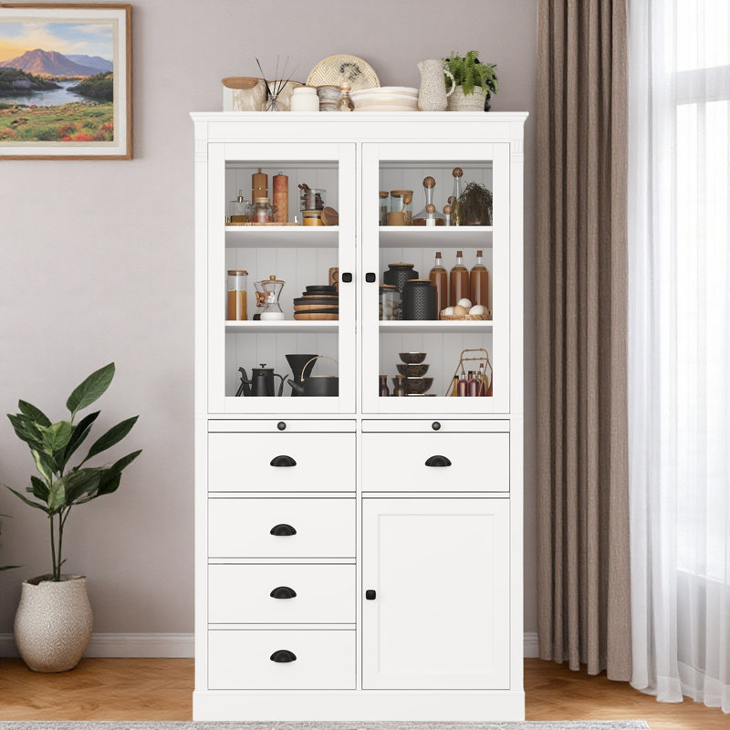 Garde-manger avec portes en verre, tiroirs, plateaux de service et tablettes, Blanc