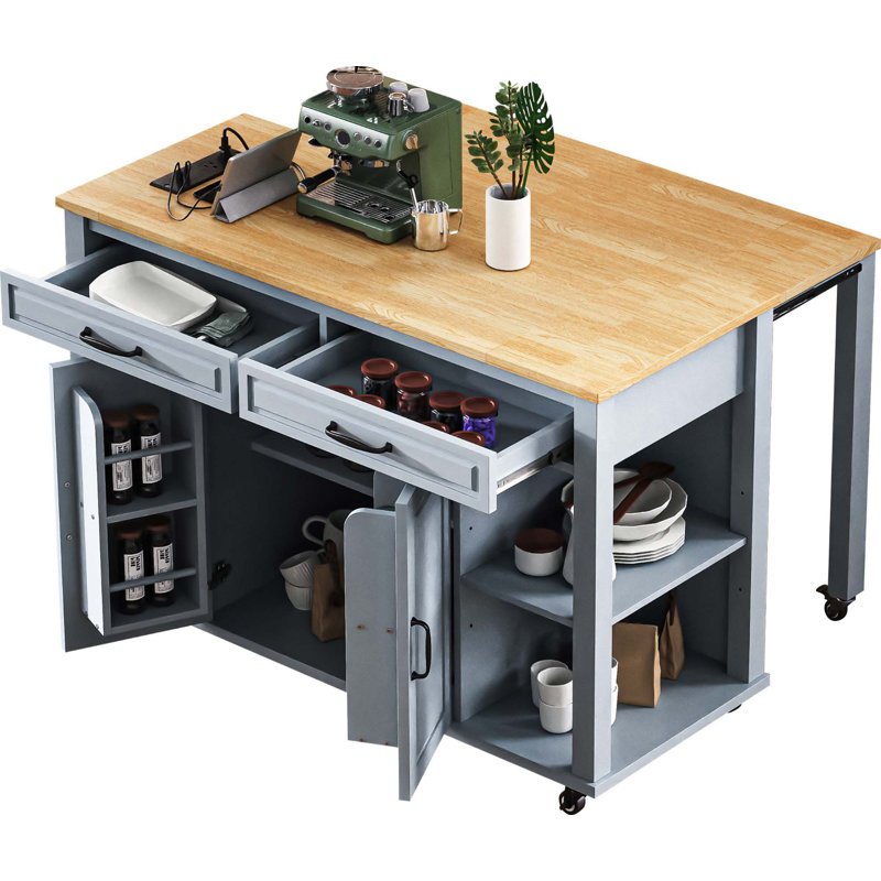 Îlot de cuisine de 47 po avec table de salle à manger extensible, table de cuisine en placage de bois d'hévéa avec support de rangement interne, prise de courant, îlot de cuisine avec rangement 2 tiroirs et 2 armoires