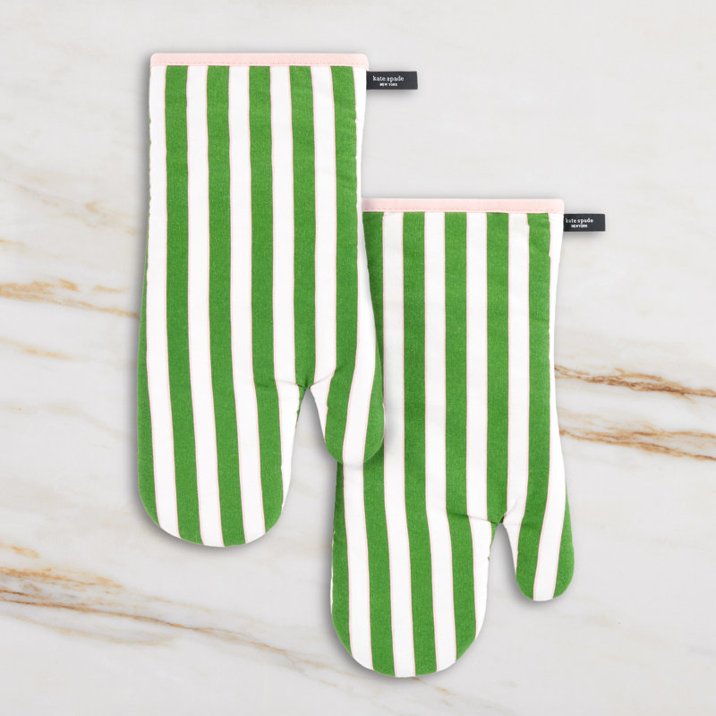 Green and Pink Striped Cotton Oven Mitt Set