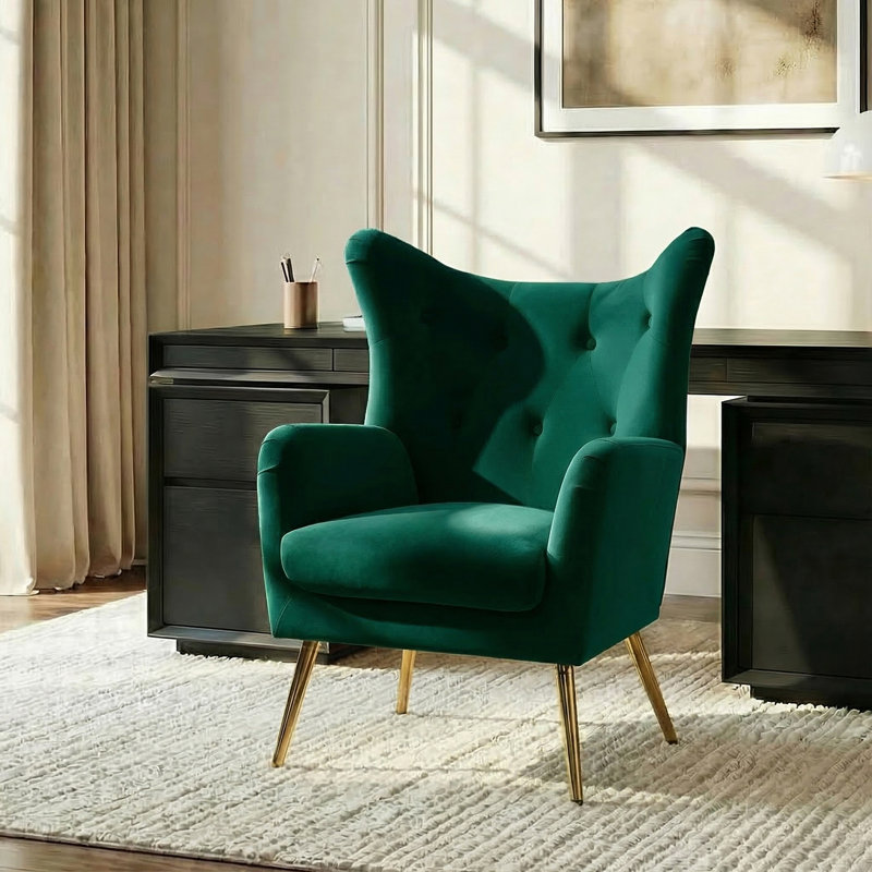 Avianna 29.25" Wide Tufted Velvet Wingback Chair, Green Velvet