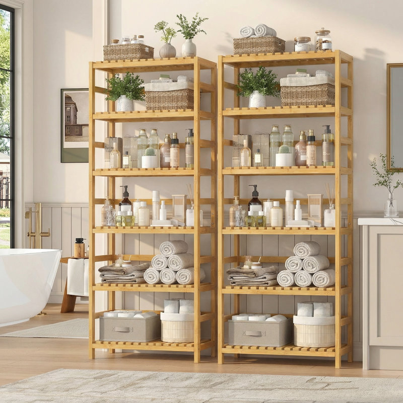 63.4" H X 23.6" W Etagere Bamboo Bathroom Storage Shelves, 5-Tier Open Bookshelves, Kitchen Storage Shelves (2 Pack), 2 Pack