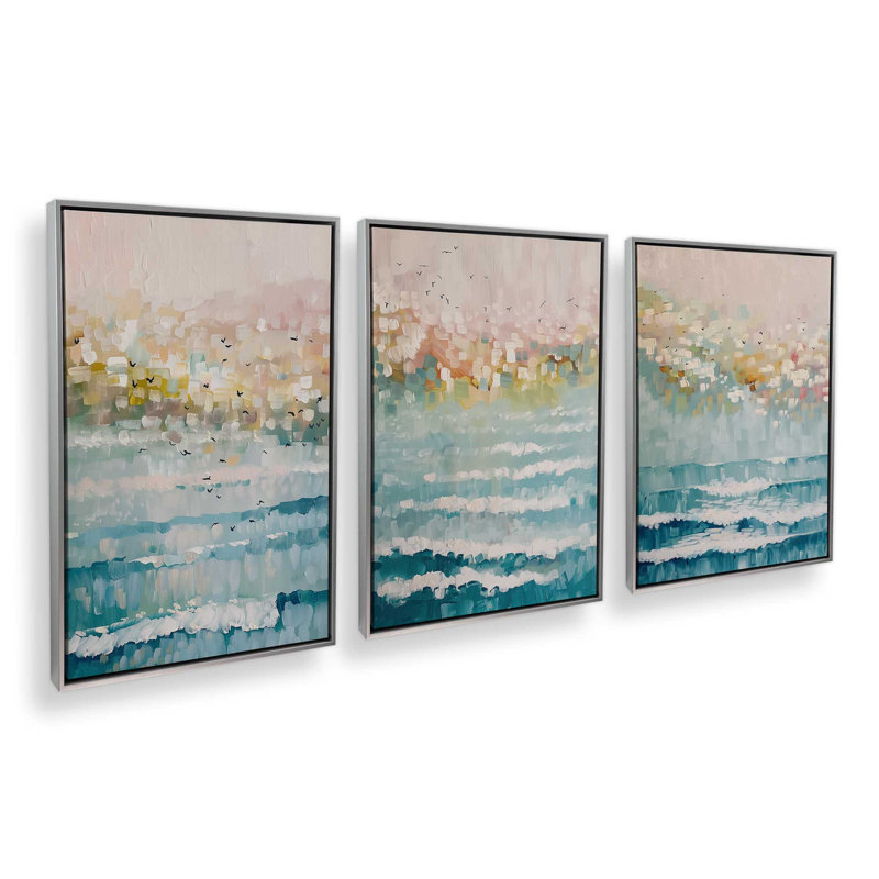 Ensemble de 3 impressions Seaside Sunrise Drift, 12 po x 8 po, Cadre flottant en chrome poli