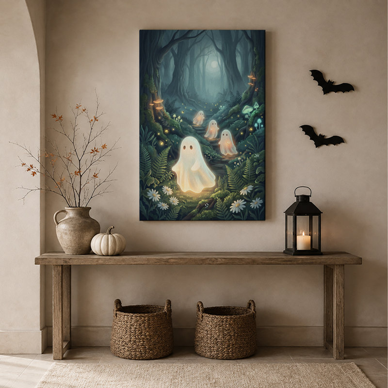 Fantômes lumineux dans une forêt au clair de lune avec des champignons - Toile murale d'Halloween, H 18 po x l 12 po