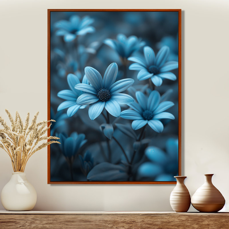 Décorations murales monochromes bleues et grises brumeuses I - marguerites, Cadre flottant brun, H 20 po x l 12 po x P 1 po
