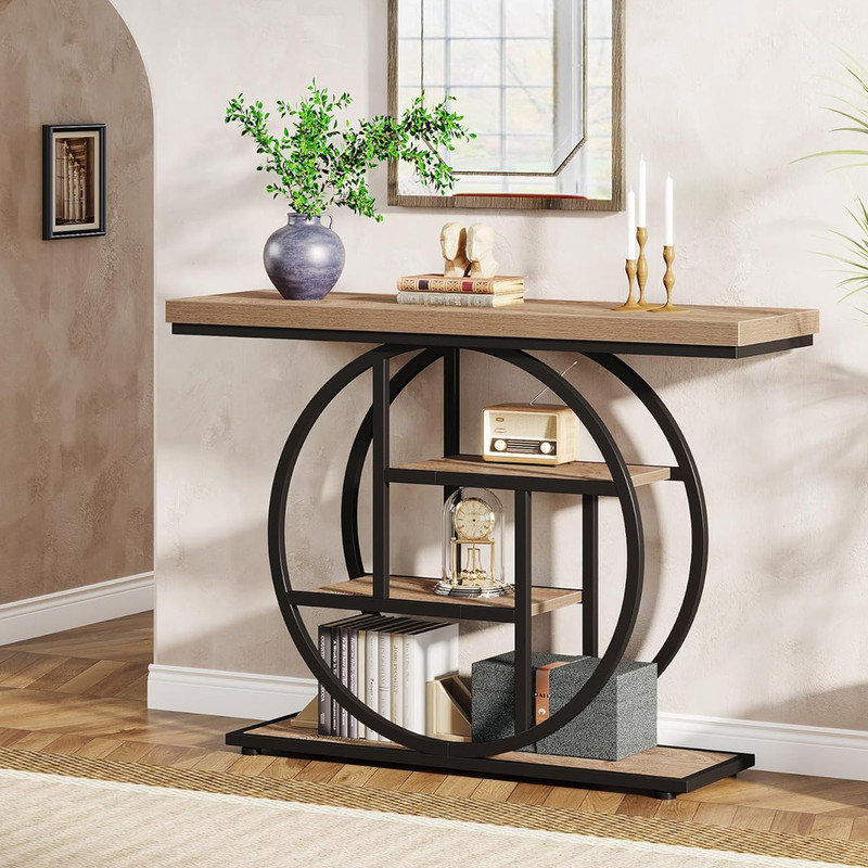 Industrial Brown Wood and Metal 4-Tier Console Table with Circle Base