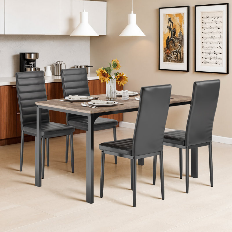 Ensemble de table de salle à manger 4 personnes avec plateau en bois massif et chaises rembourrées, Gris
