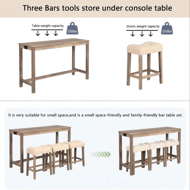 Ensemble de table de bar 4 pièces avec 3 tabourets rembourrés et prise de courant, Brun