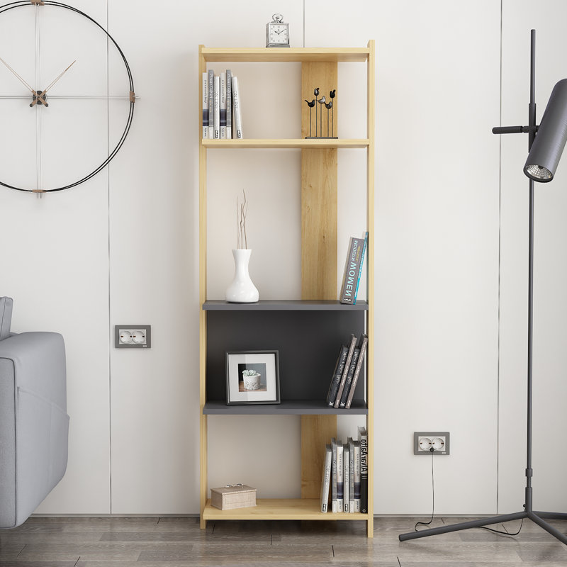 Bizzell 4 Tier Geometric Bookcase Modern Display Unit for Living Room or Home Office, Oak/Anthracite