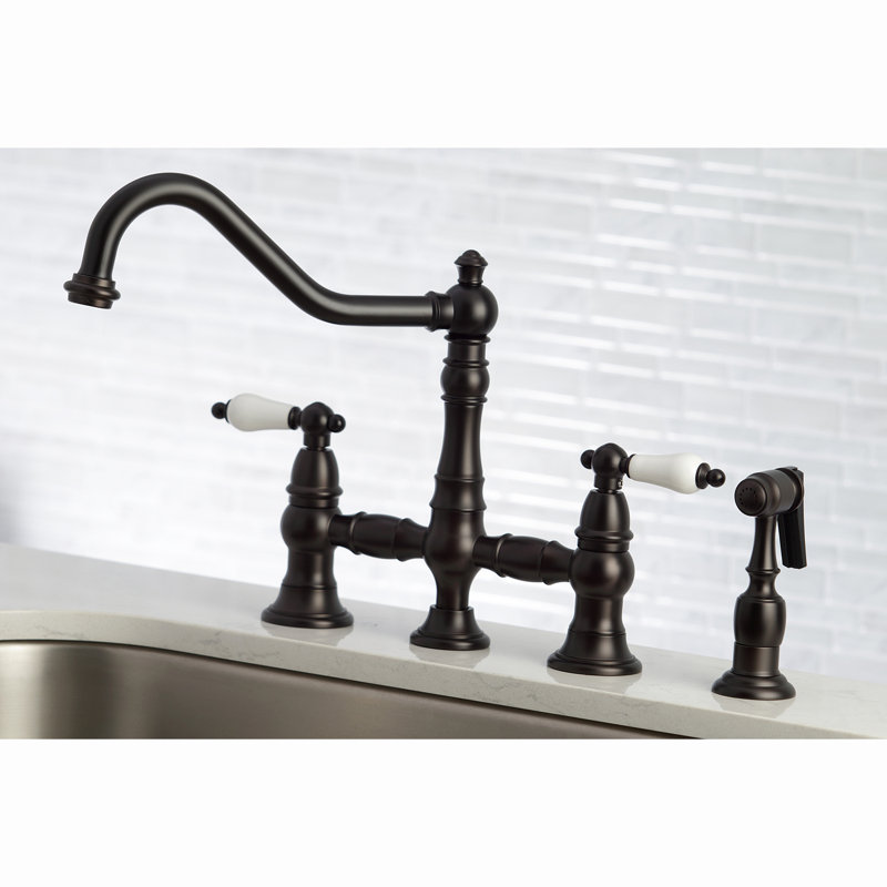 Kingston Brass Restoration Two-Handle 4-Hole Deck Mount Bridge Kitchen Faucet with Brass Side Sprayer, Oil Rubbed Bronze