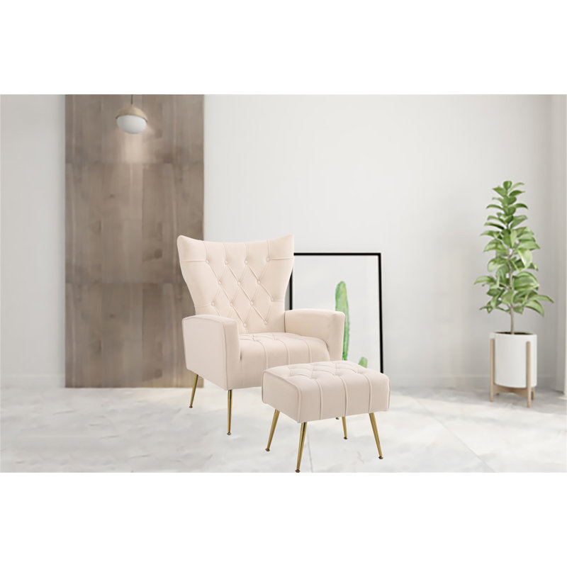 Fauteuil en velours capitonné l 28,4 po, Velours beige