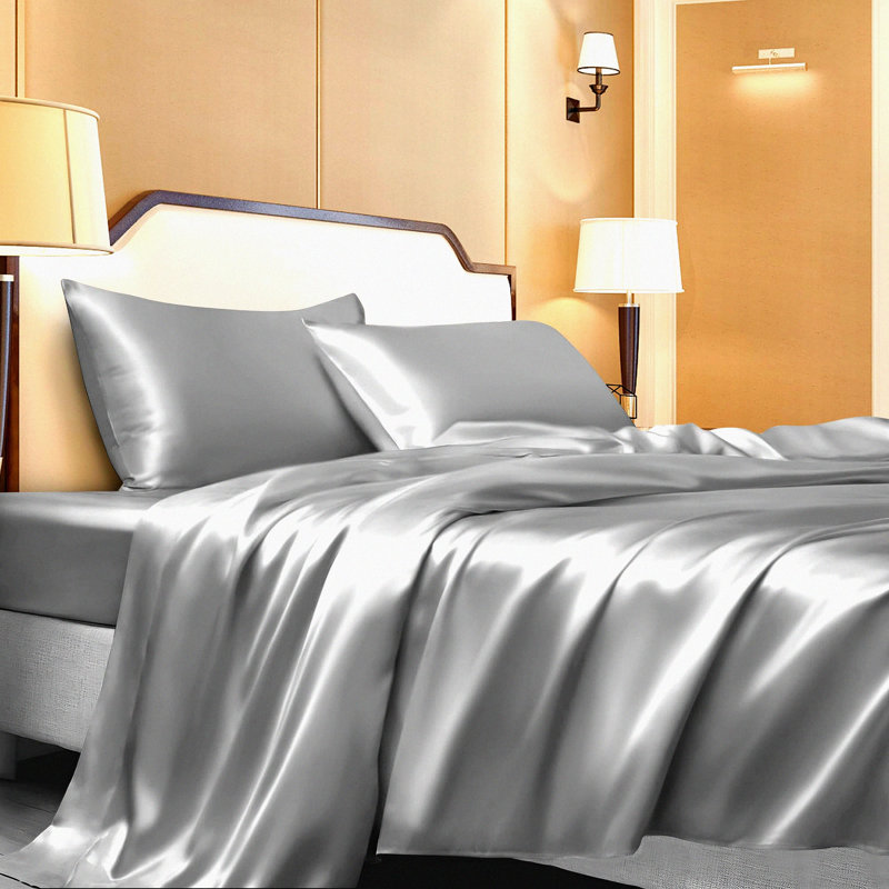 SilkLux Grey Queen Bedding Set - Silky Smooth 4-Piece Luxury Sheets - Deep-Pocket Fitted Sheet, Flat Sheet, Pillowcases - Queen Size Silk Sheets