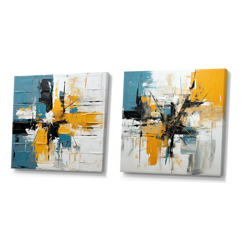 «Blue and Yellow Paint Elegance I», ensemble de 2 reproductions d'art mural abstrait, Toile tendue