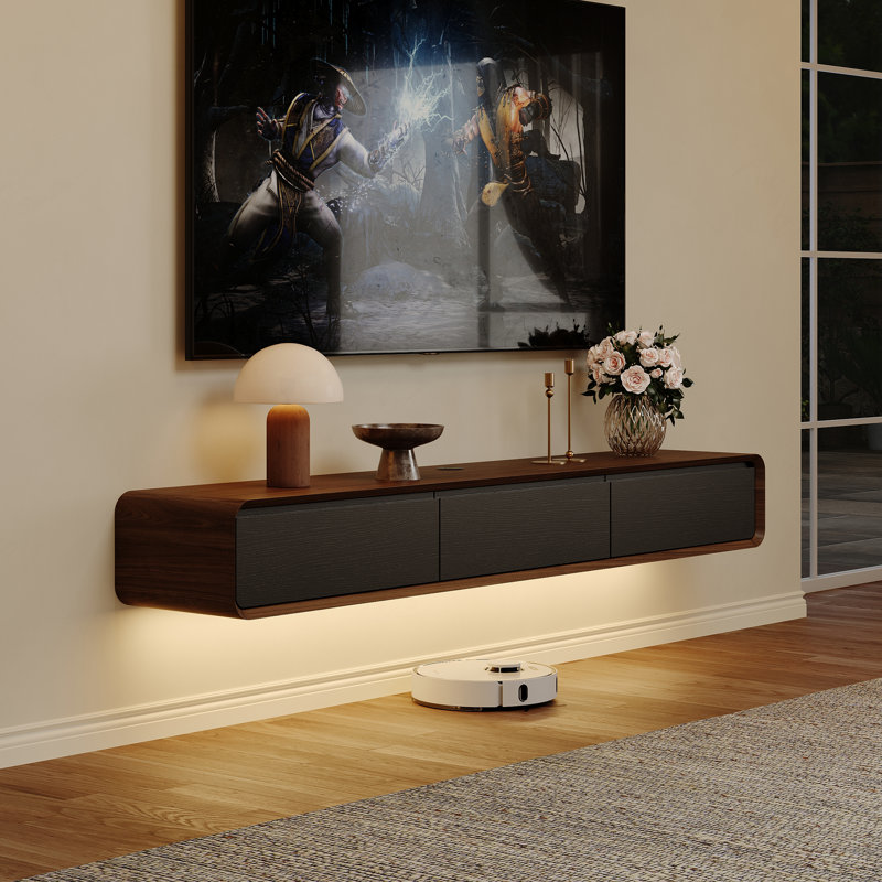 Floating TV Stand, Entertainment Center With LED Light, Solid Wood, Fully-Assembled, 9.84" H x 79" L x 14.57" W, Brown/Black