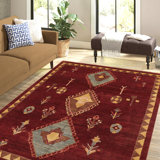 Tapis rouge foncé / jaune en laine noué à la main 7 pi 8 po x 10 pi Evart Southwestern