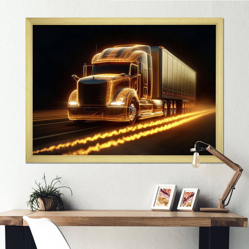 Camion jaune semi-néon sur toile, Encadrement doré, H 34 po x l 44 po x P 1,5 po